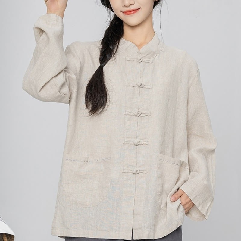 Solid Color Frog-button Long Sleeve Linen Women's Shirts With Pockets