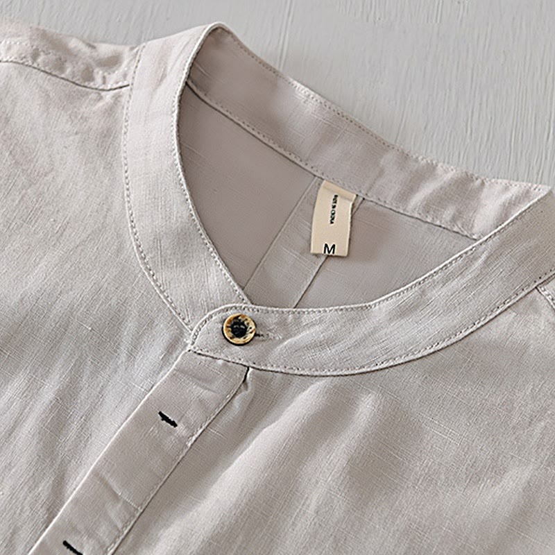 Causal Simple Design Short Sleeve Cotton Linen Half Button Men's Shirt