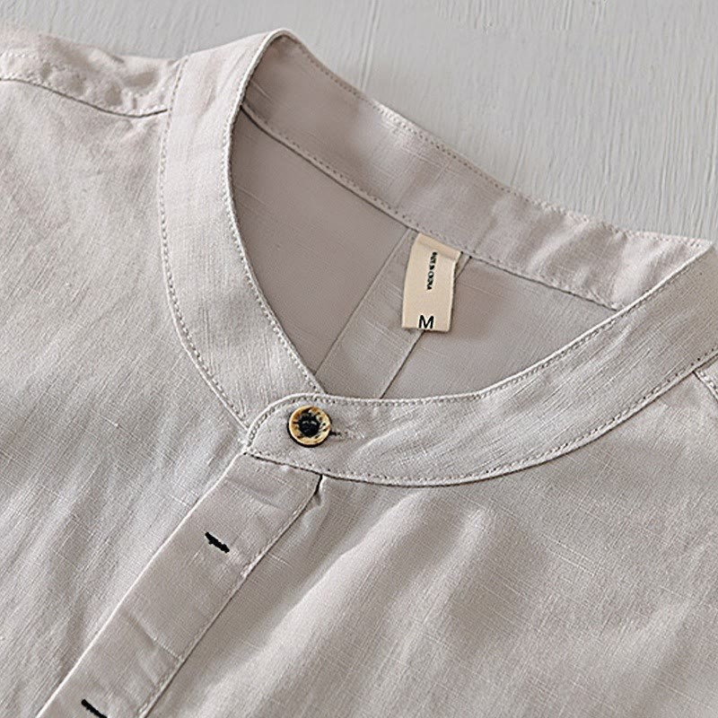 Causal Simple Design Short Sleeve Cotton Linen Half Button Men's Shirt