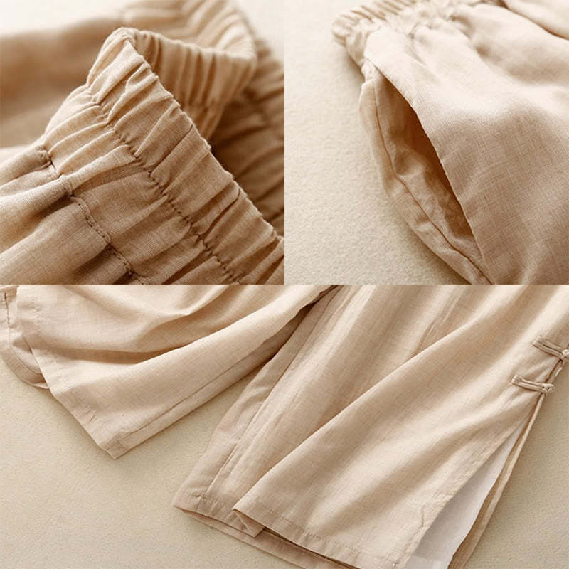 Casual Plain Color Chinese Frog Button Cotton Linen Women's Wide Leg Pants