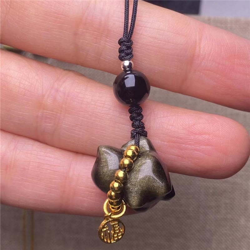 Silver Sheen Obsidian Black Obsidian Gold Sheen Obsidian Cute Cat Fu Character Protection Key Chain Phone Hanging Decoration