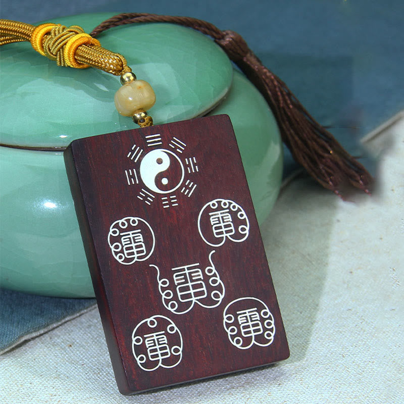 999 Sterling Silver Small Leaf Red Sandalwood Taoism Five Sacred Mountains Yin Yang Bagua Protection Necklace Pendant Key Chain