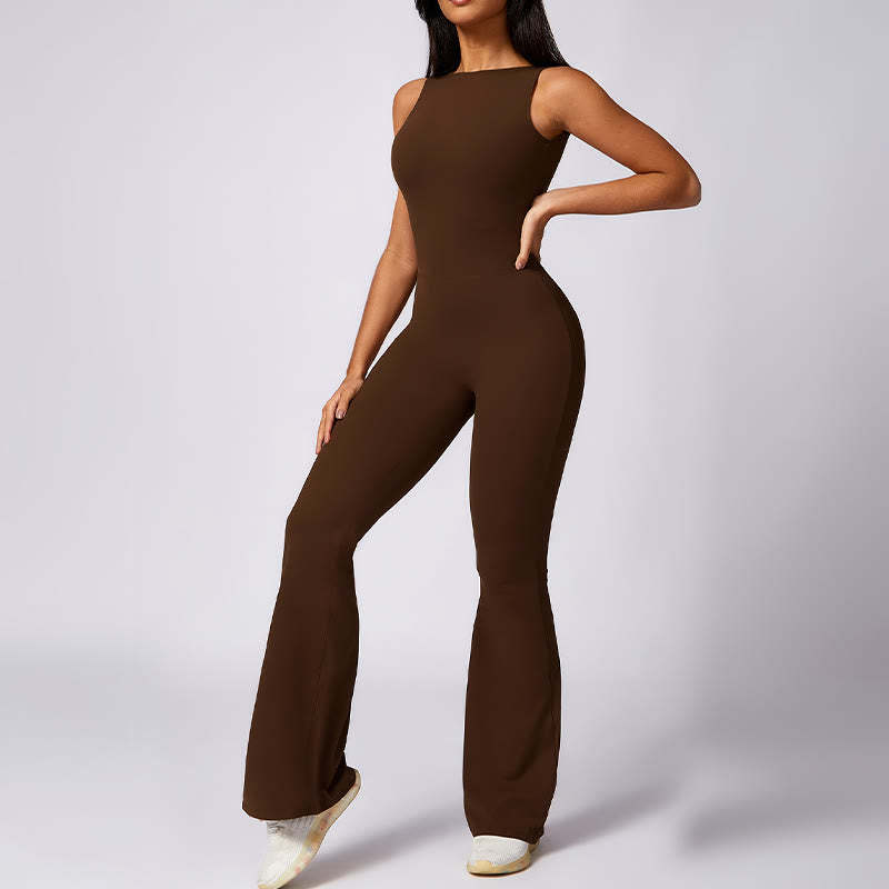Women Casual Sleeveless Jumpsuit Flare Pants Sports Fitness Yoga Bodysuit