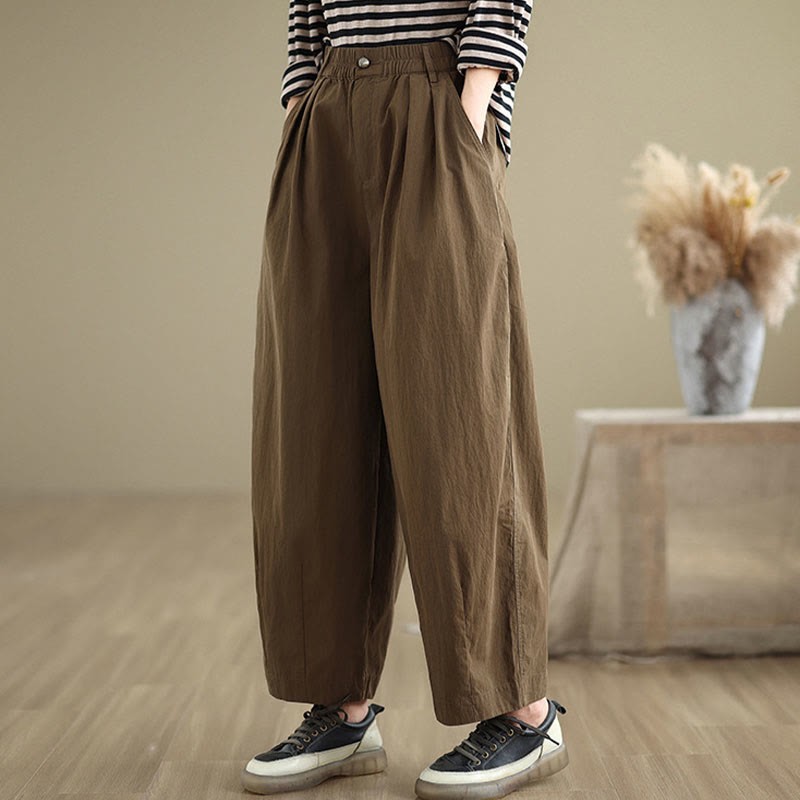 Casual Solid Color One Top Button Elastic Waistband Cotton Linen Women's Pants With Pockets