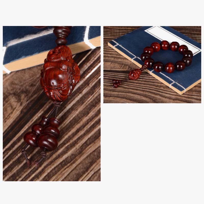Small Leaf Red Sandalwood Laughing mystic zen God of Wealth Protection Bracelet