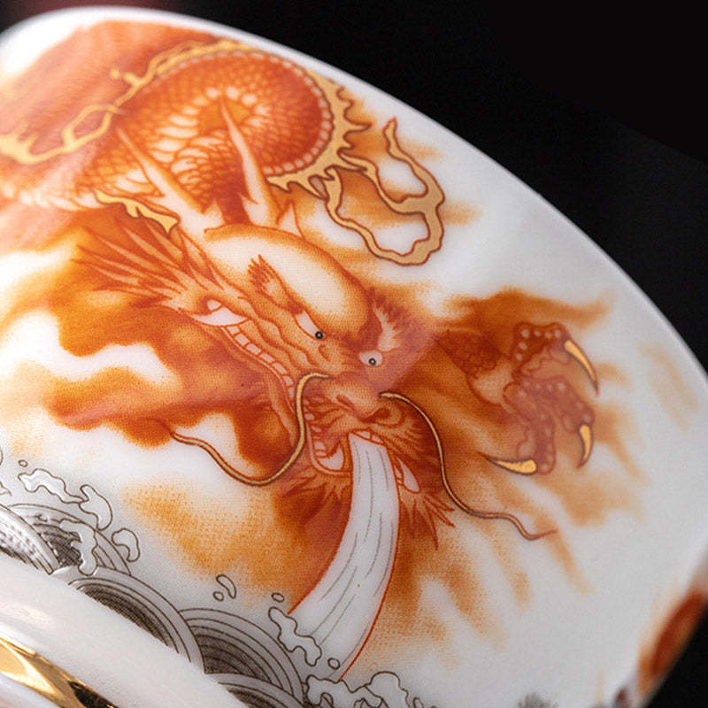 Dragon Phoenix Crane Sun Ocean Waves Gilt Ceramic Teacup Kung Fu Tea Cup 170ml