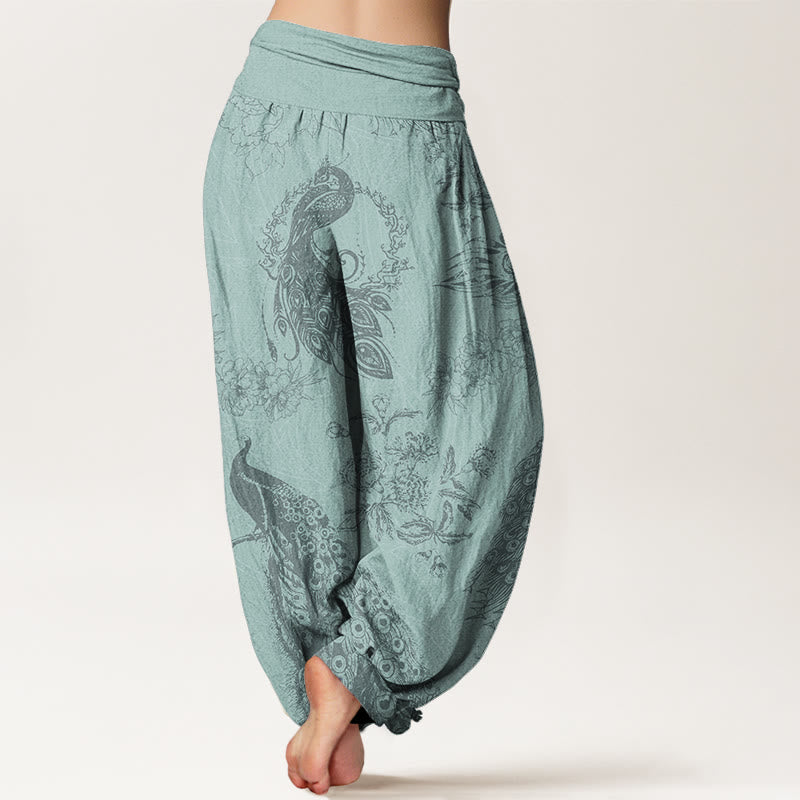 Casual Peacock Peony Flower Women's Elastic Waist Harem Pants