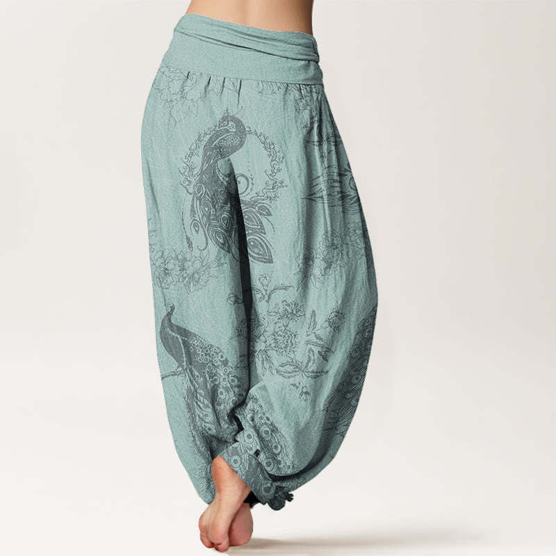Casual Peacock Peony Flower Women's Elastic Waist Harem Pants