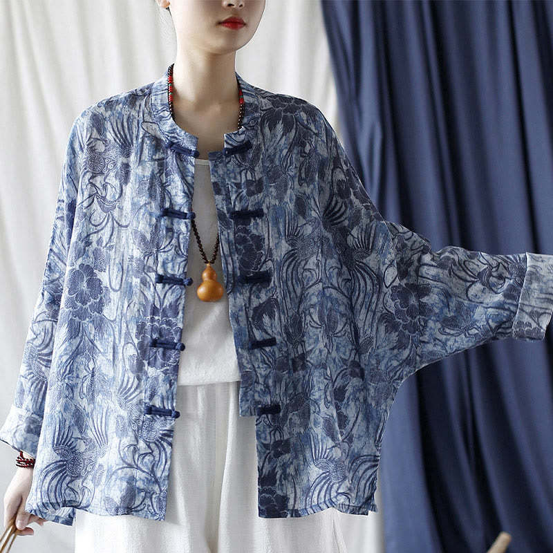 Retro Blue White Flowers Frog-Button Design Long Sleeve Ramie Linen Jacket Shirt