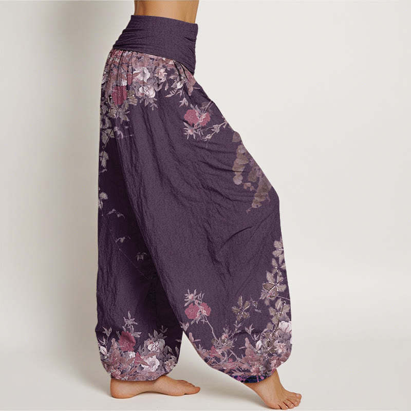 Casual Red Peony Flower Vine Design Women's Elastic Waist Harem Pants