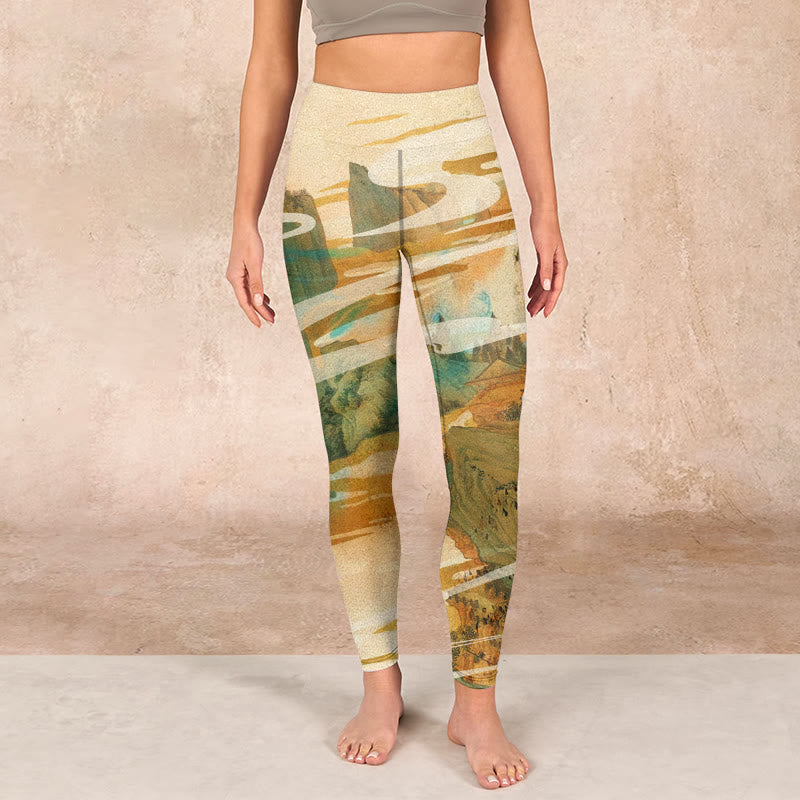 Green Mountains Clouds Mist Print Fitness Leggings Women's Yoga Pants