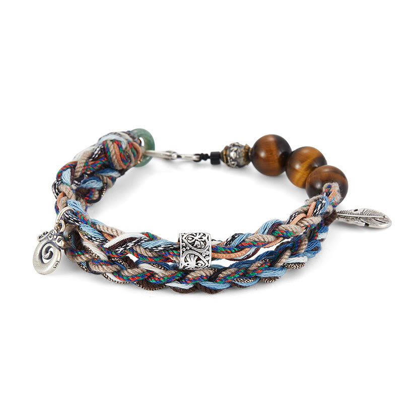 925 Sterling Silver Tiger's Eye Colorful Cotton Rope Handmade Willpower Bracelet
