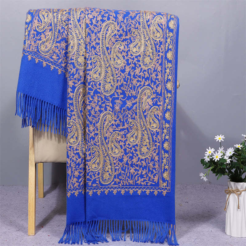 Rayon Fabric Shawl Golden Cashew Flowers Embroidery Tassel Winter Cozy Travel Scarf Wrap