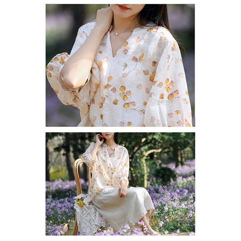 Fruits Leaves Pattern Lantern Sleeve Top Loose Tee T-shirt