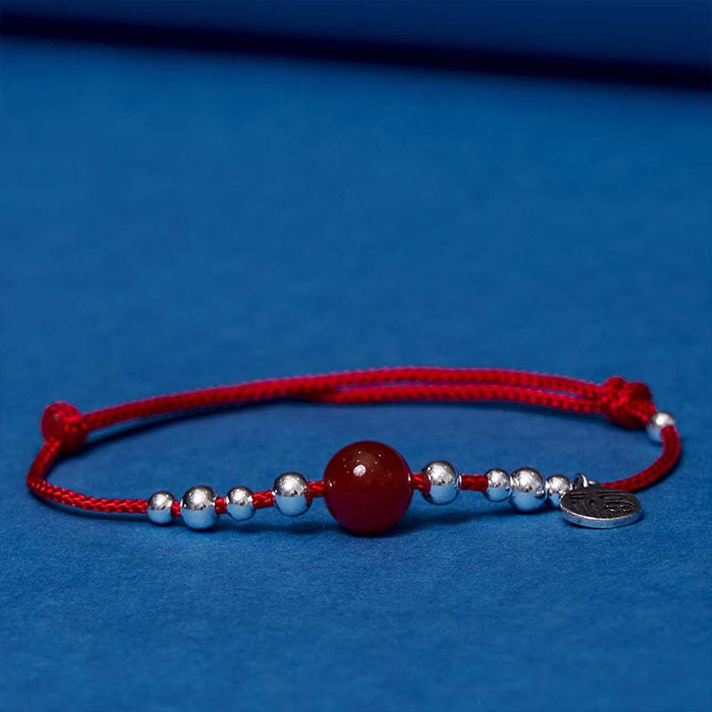 Handmade 925 Sterling Silver Fu Character Red Agate Fortune Braided Ultra-Thin Rope Bracelet