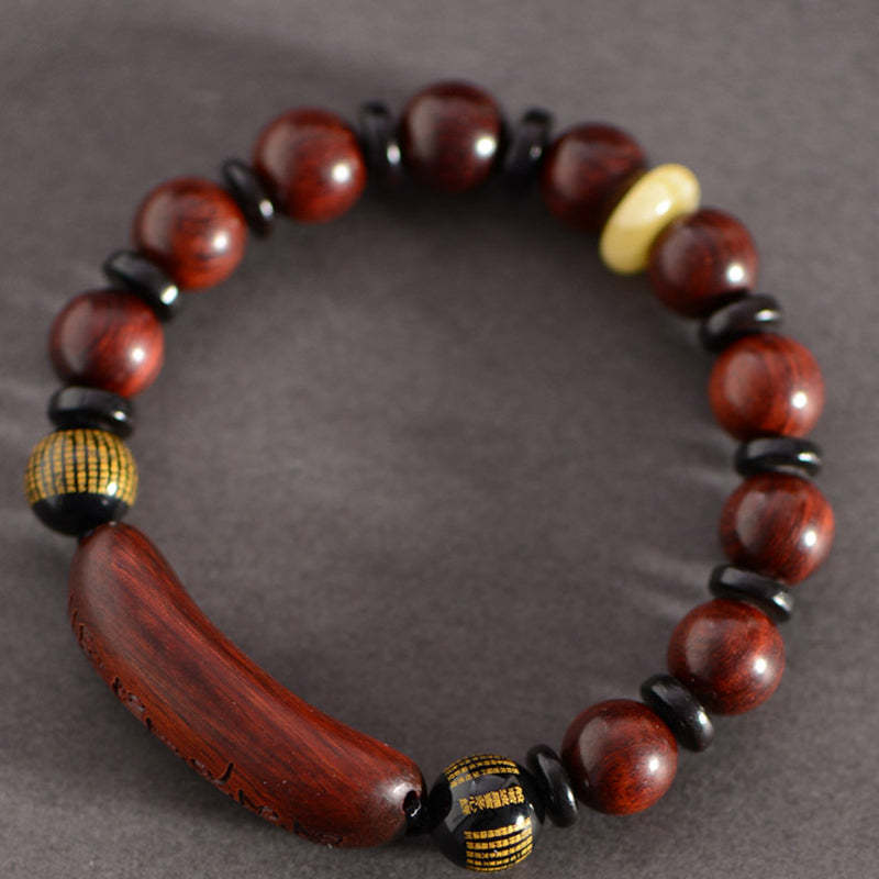 Small Leaf Red Sandalwood Om Mani Padme Hum Engraved Protection Bracelet