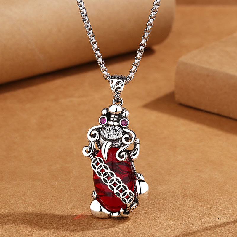 PiXiu Garnet Copper Coin Wealth Luck Necklace Pendant