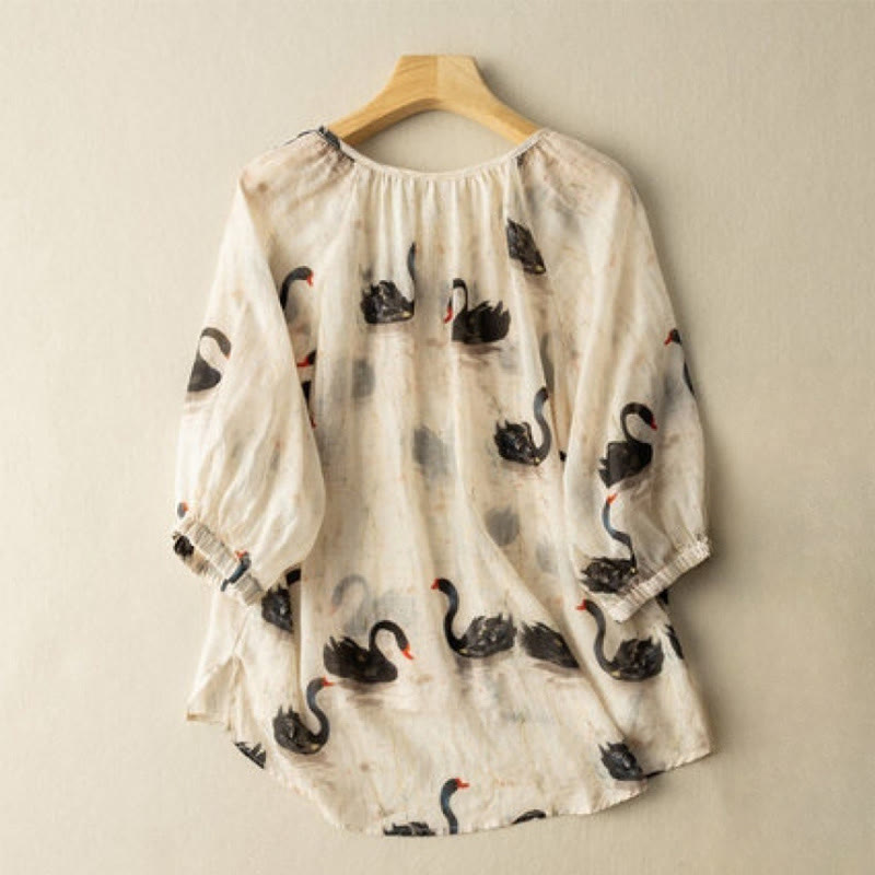 Casual Black Swan Print Women's V-Neck Half Sleeve Design Cotton Linen Shirt