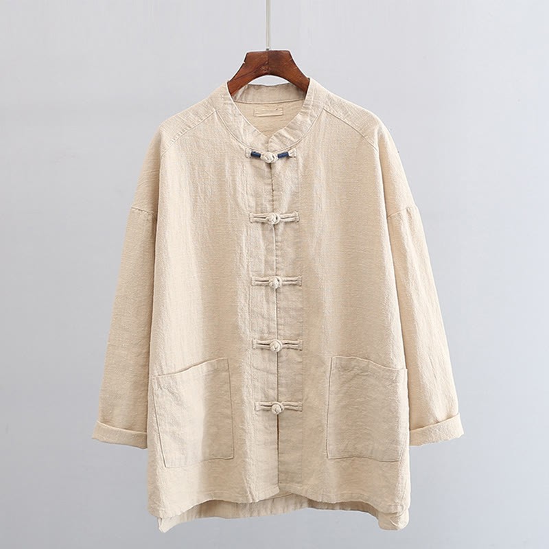 Solid Color Frog-button Long Sleeve Linen Women's Shirts With Pockets