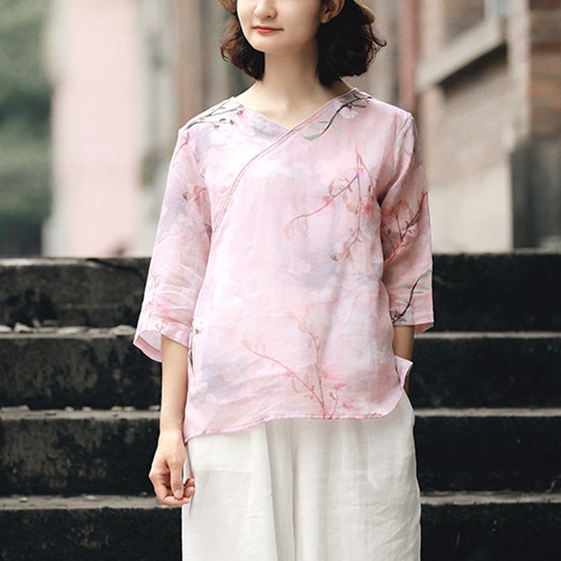 V-Neck Pink Flower Pattern Ramie Linen Blouse Three Quarter Sleeve Shirt Top