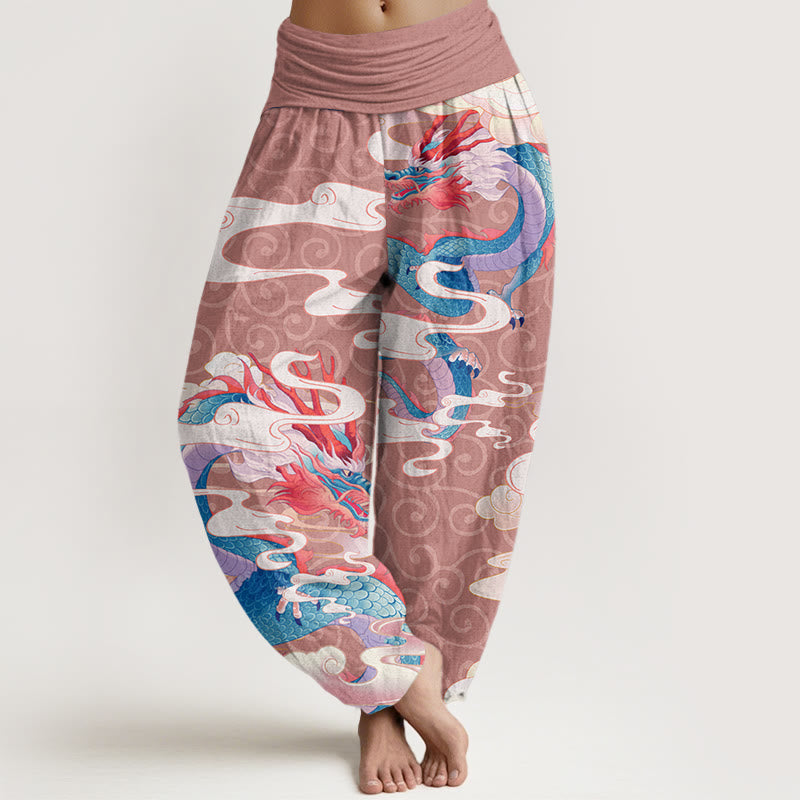 Vibrant Dragon White Auspicious Clouds Women's Elastic Waist Harem Pants