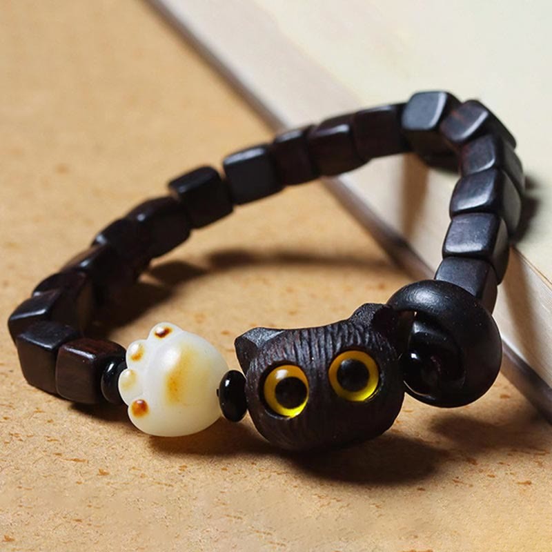 Ebony Wood Cute Cat Bodhi Seed Paw Claw Square Beads Calm Bracelet