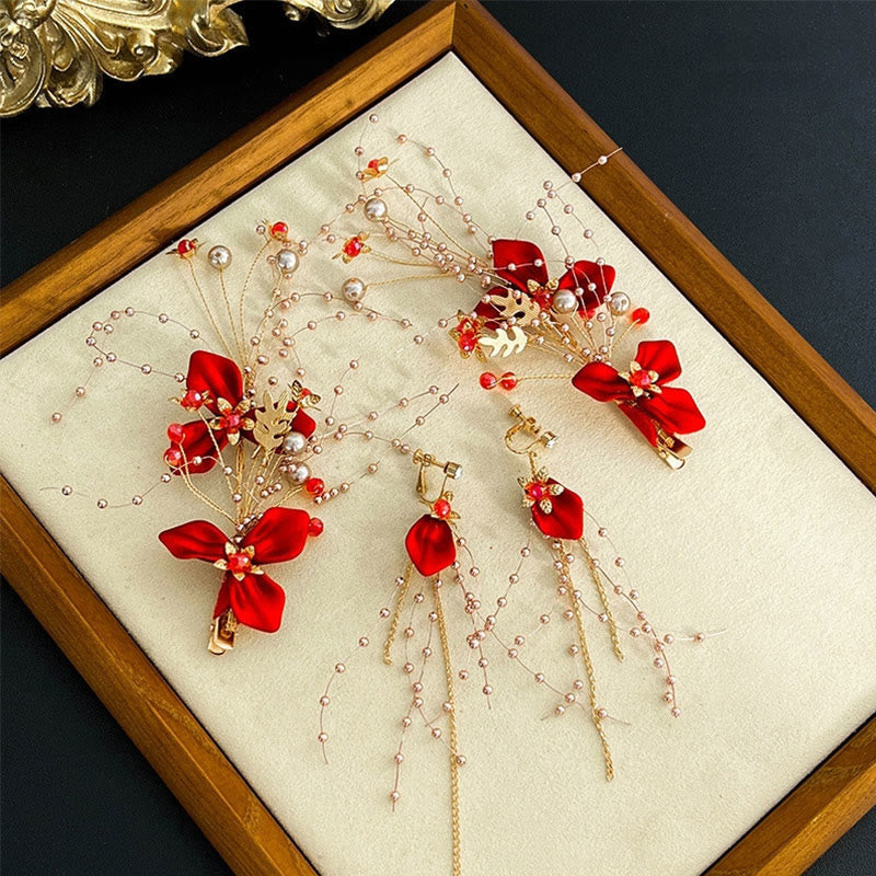 Classical Chinese Wedding Bridal Red Rose Hair Clip