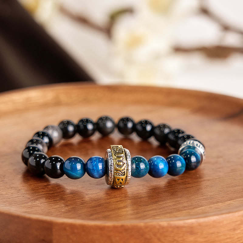 Silver Sheen Obsidian Blue Tiger Eye Om Mani Padme Hum Protection Bracelet