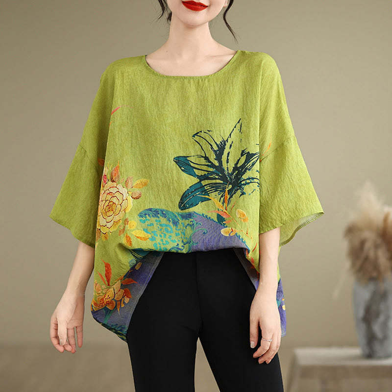 Yellow Green Flowers Three Quarter Sleeve Linen T-shirt Tee