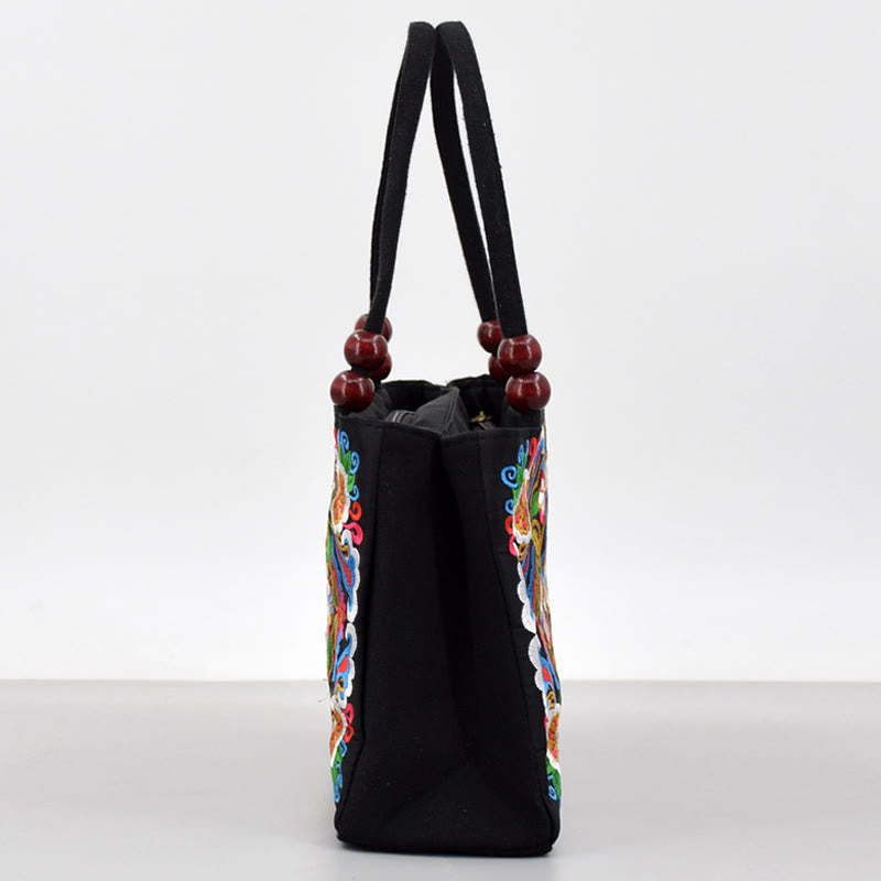 Galsang Inula Flower Peony Peacock Double-Sided Embroidery Canvas Shopping Purse Handbag