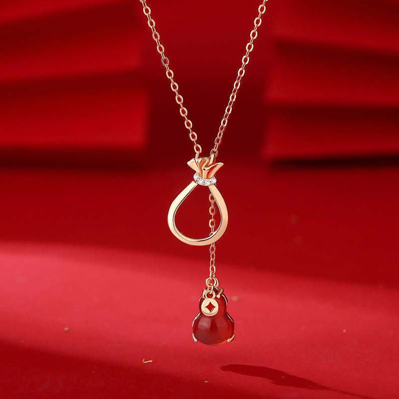 Red Agate Chalcedony 925 Sterling Silver Gourd Lucky Bag Confidence Necklace Pendant
