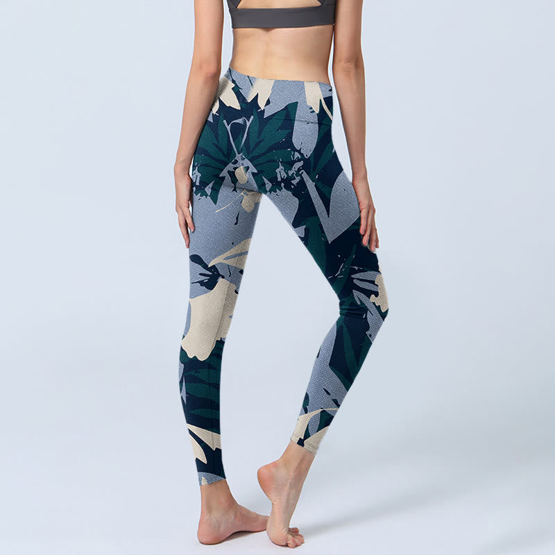 Blue Plant Leaves Print Gym Leggings Women's Yoga Pants