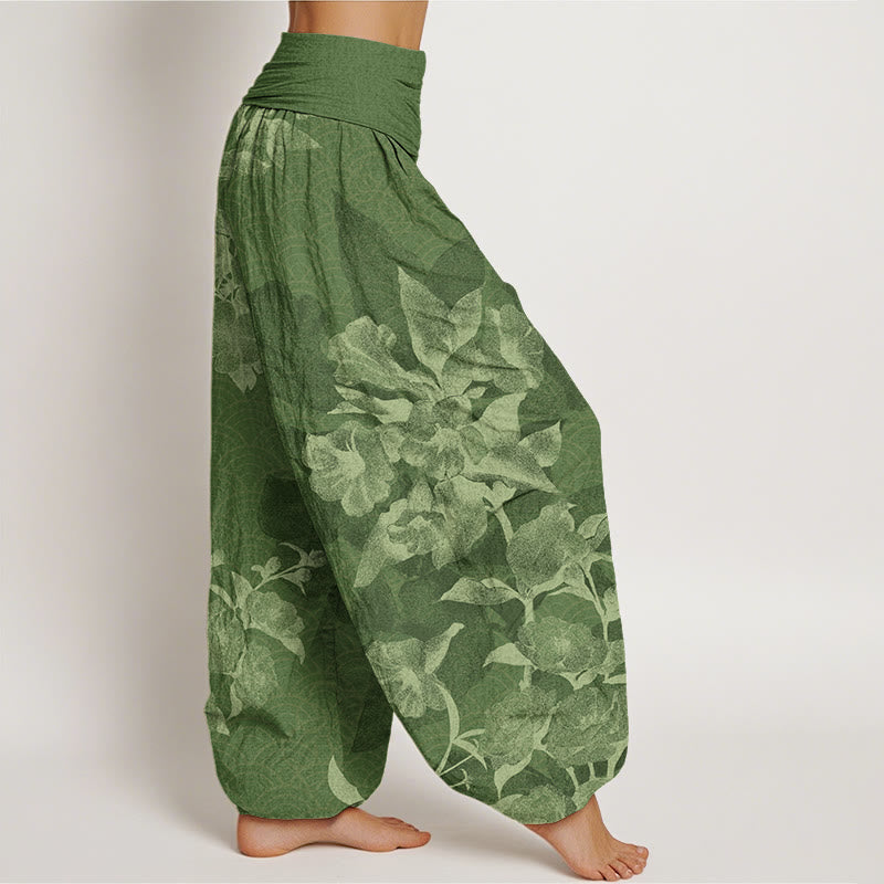 White Flowers Pattern Women's Elastic Waist Harem Pants