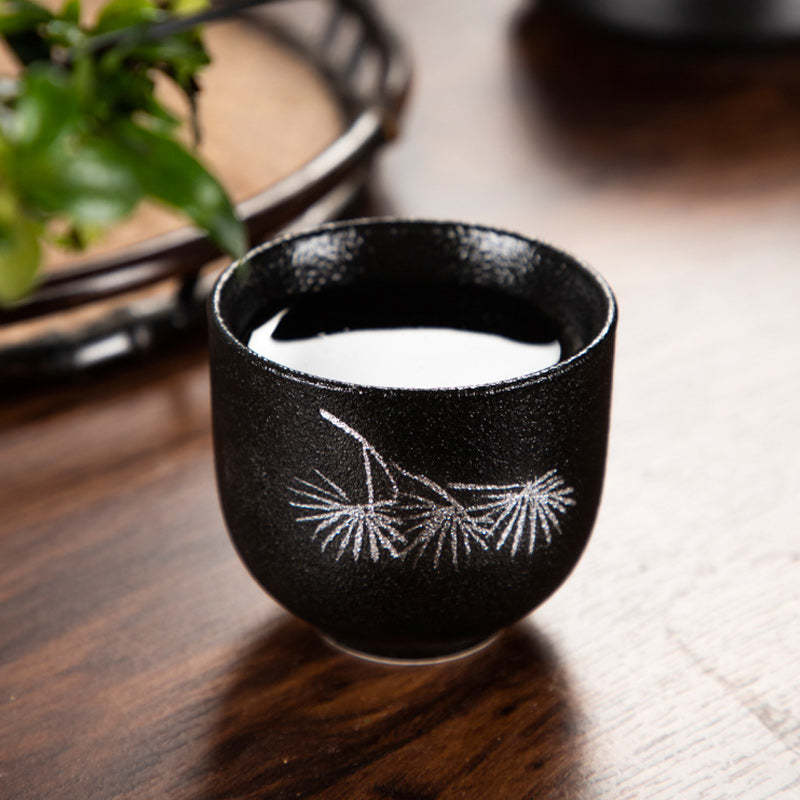 Hand Painted Lotus Flower Bamboo Chrysanthemum Black Pottery Ceramic Teacup Kung Fu Tea Cup 95ml