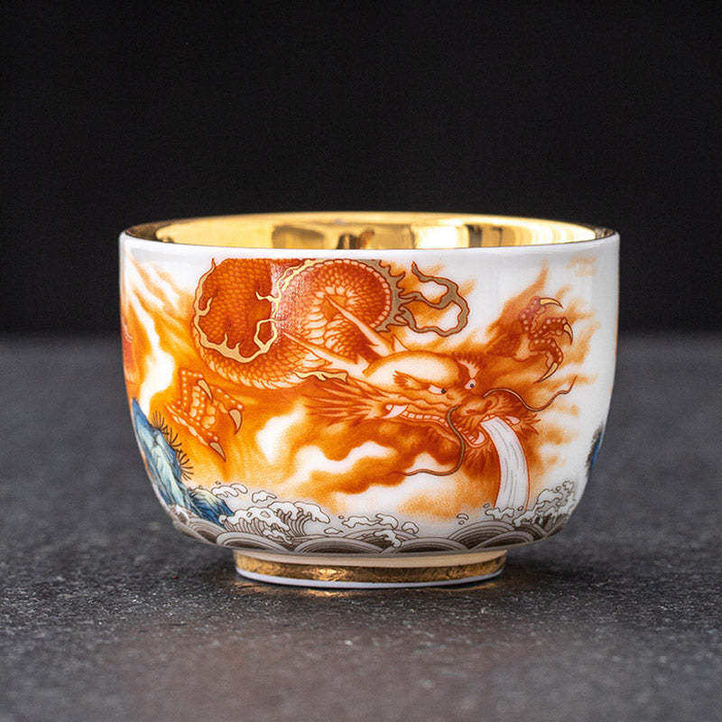 Dragon Phoenix Crane Sun Ocean Waves Gilt Ceramic Teacup Kung Fu Tea Cup 170ml
