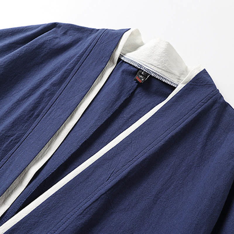 Fake Two-piece Men's Half Sleeve Cardigan Embroidery Hanfu Comfort Cotton Shirt