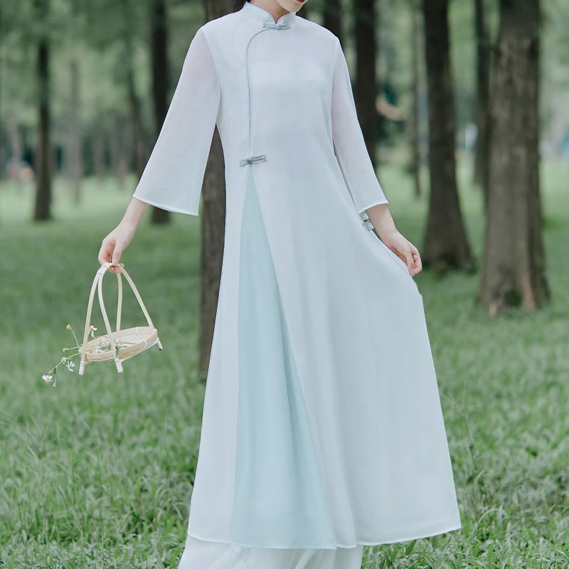 Three Quarter Sleeve Chiffon Cheongsam Midi Dress Wide Leg Pants Meditation Zen Practice Clothing