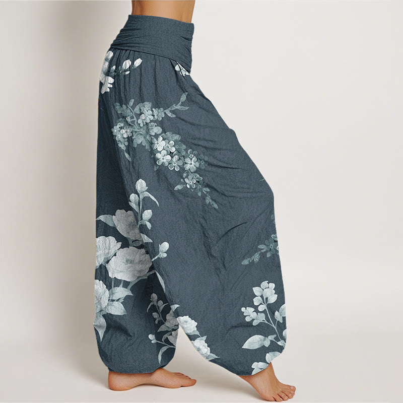 Blooming And Budding Flowers With Leaves Pattern Women's Elastic Waist Harem Pants