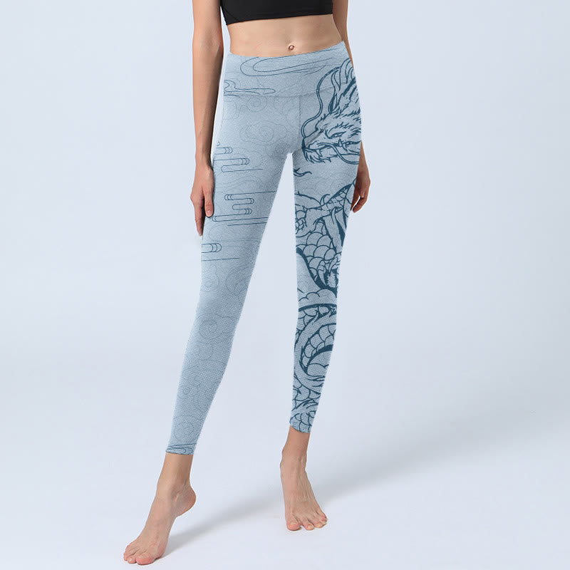 Blue Soaring Dragon Swirling Clouds Print Gym Leggings Women's Yoga Pants