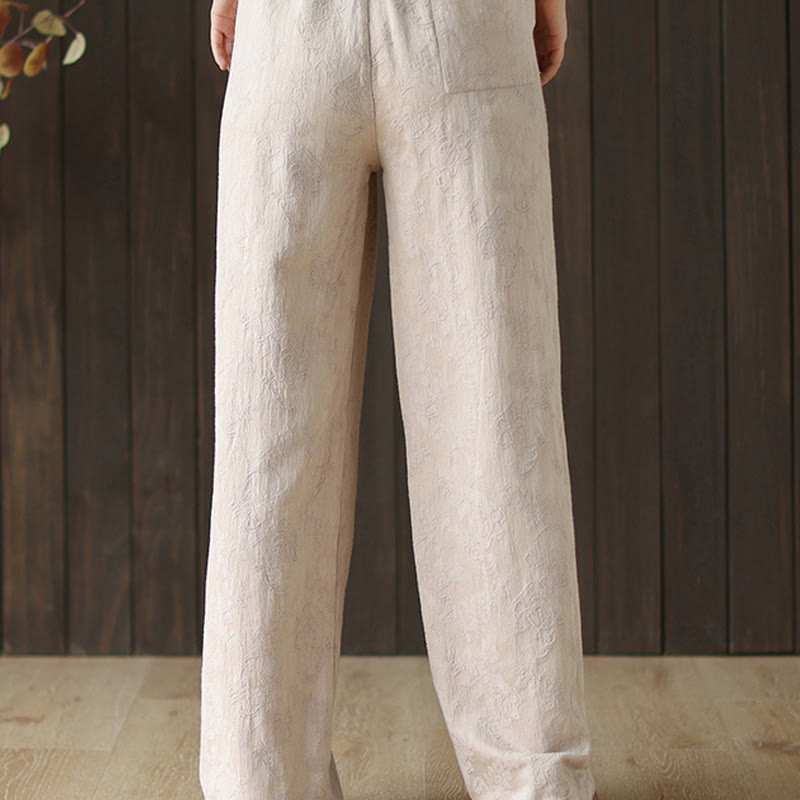 Casual Loose Jacquard Women's Cotton Linen Wide Leg Pants With Pockets