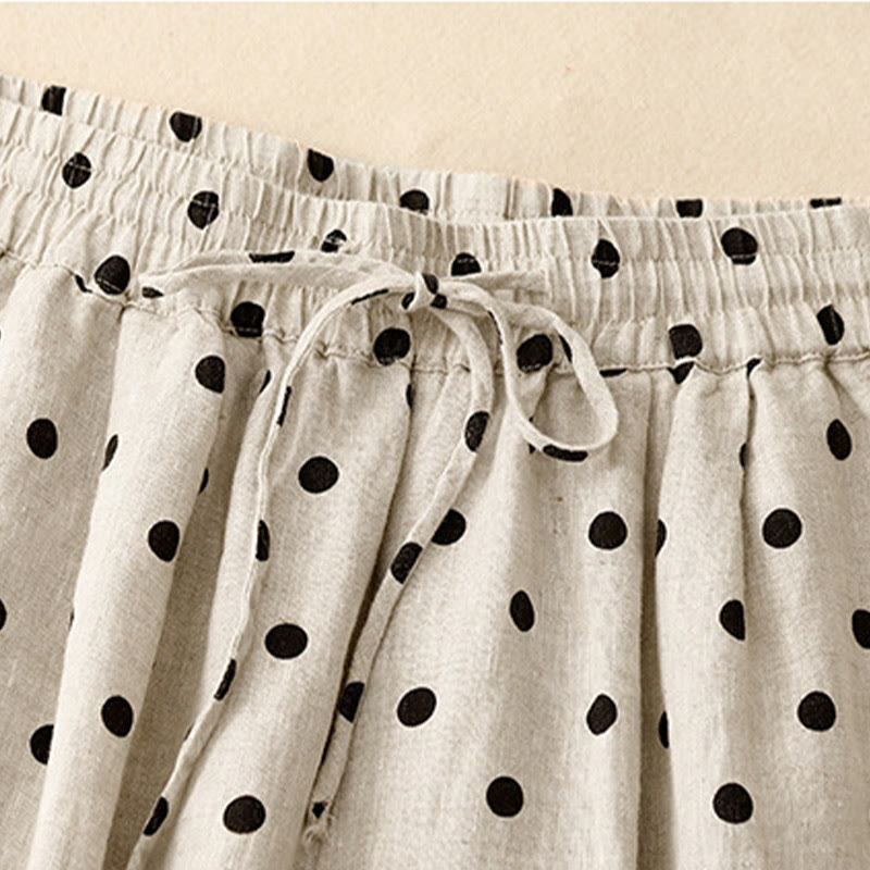 Casual Black Polka Dots Drawstring Cotton Linen Women's Pants With Pockets