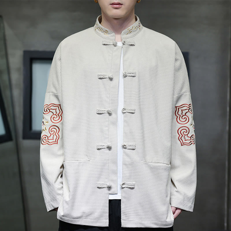 Men's Frog-Button Tang Suit Corduroy Cotton Embroidery Long Jacket Shirt With Pockets