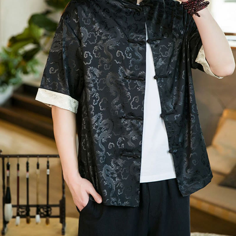 Chinese Tang Suit Frog-button Dragon Print Men's Half Sleeve Shirts