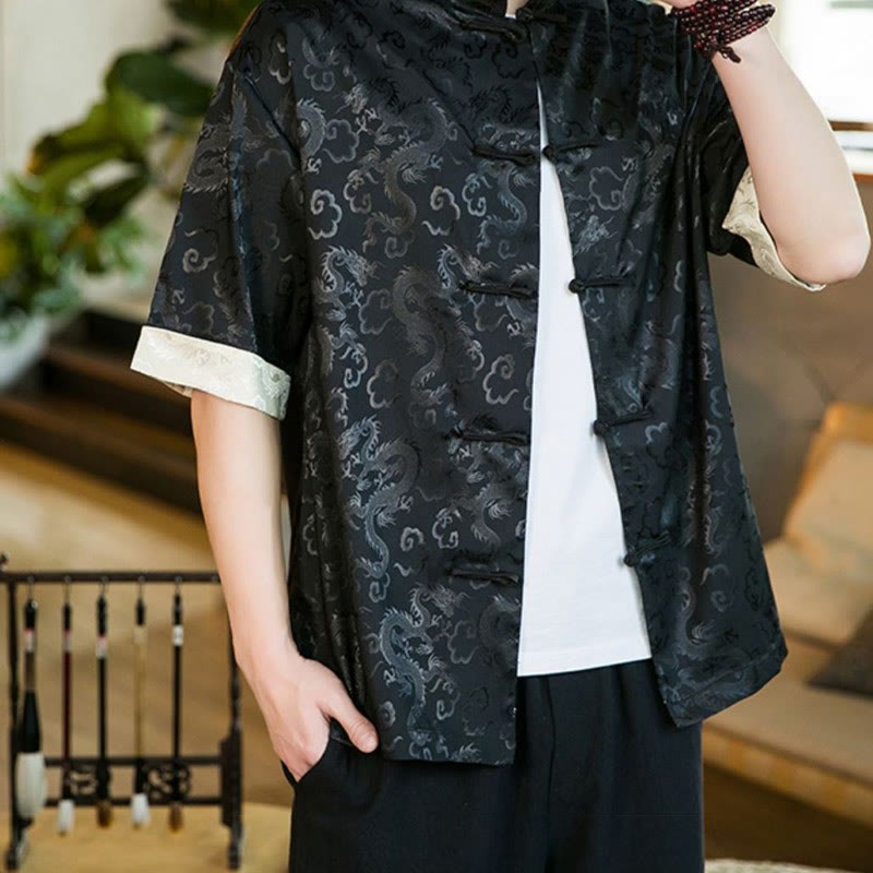 Chinese Tang Suit Frog-button Dragon Print Men's Half Sleeve Shirts
