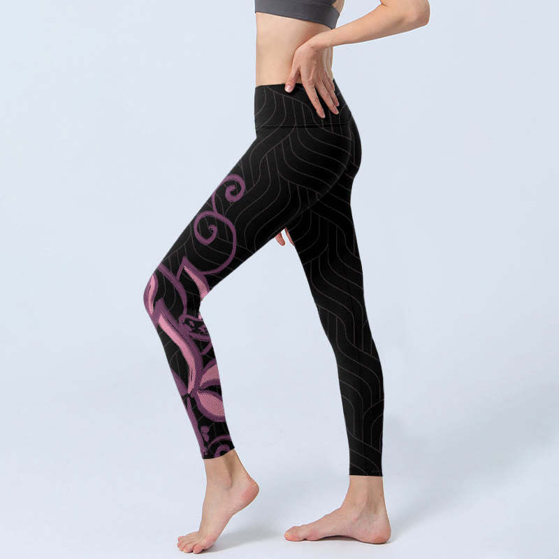 Black Pink Lotus Flower Print Gym Leggings Women's Yoga Pants