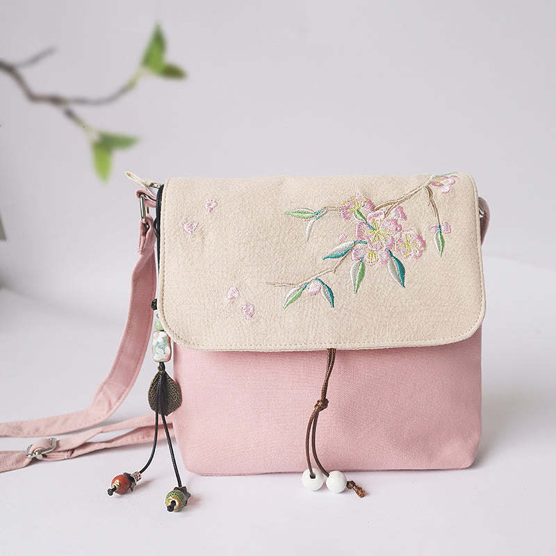 Handmade Embroidered Plum Flowers Canvas Crossbody Bag Shoulder Bag Handbag
