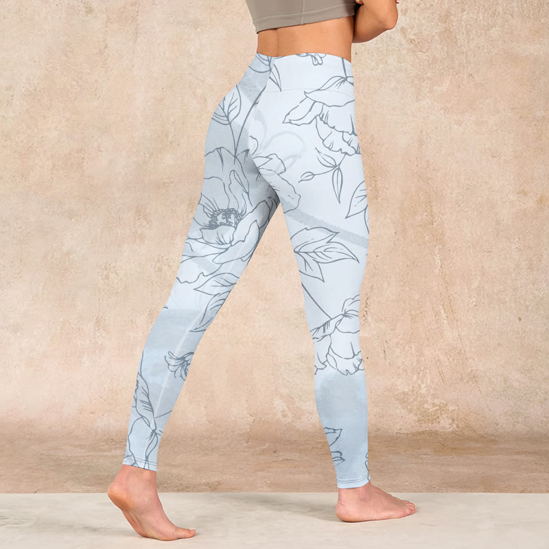 Peony Flower Leaves Print Gym Leggings Women's Yoga Pants