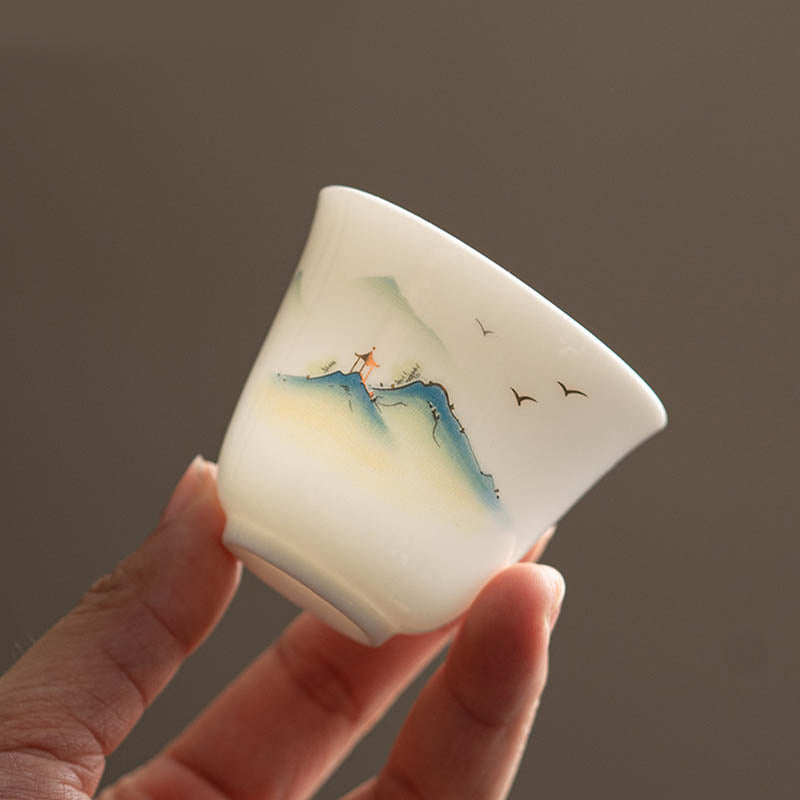 Lotus Flower Leaf Mountain Pavilion Elk Peony Ceramic Teacup Kung Fu Tea Cup