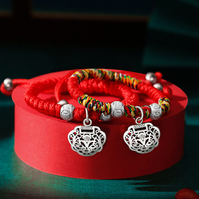 925 Sterling Silver Chinese Lock Charm Multicolored Red String Protection Handmade Braided Kids Bracelet
