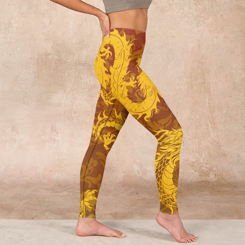 Golden Dragon Flowers Print Gym Leggings Women's Yoga Pants